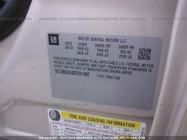 1G1ZB5E04CF331486 - 2012 CHEVROLET MALIBU LS GOLD photo 9