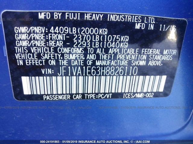 JF1VA1E63H8826110 - 2017 SUBARU WRX PREMIUM BLUE photo 9