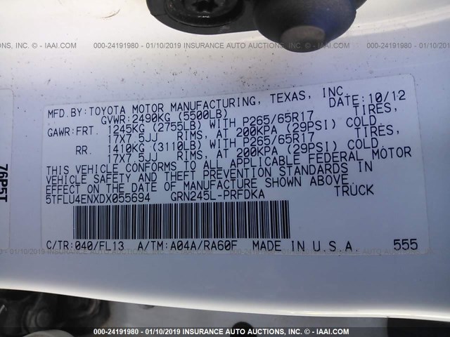 5TFLU4ENXDX055694 - 2013 TOYOTA TACOMA DOUBLE CAB 白色 照片 9