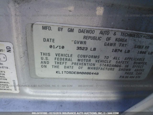 KL1TD5DE8AB086448 - 2010 CHEVROLET AVEO LS/LT SILVER photo 9