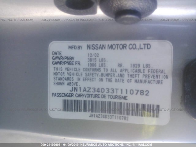 JN1AZ34D33T110782 - 2003 NISSAN 350Z COUPE SILVER photo 9