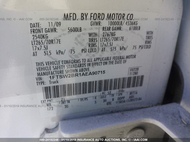 1FTSW2BR1AEA90715 - 2010 FORD F250 SUPER DUTY WHITE photo 9