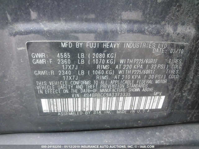 4S4BRBCC9A3372335 - 2010 SUBARU OUTBACK 2.5I PREMIUM GRAY photo 9