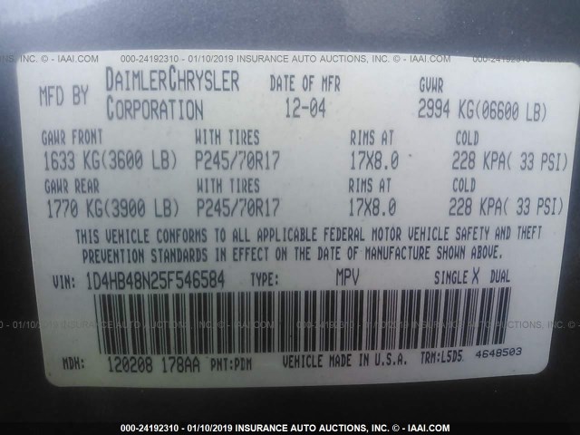 1D4HB48N25F546584 - 2005 DODGE DURANGO SLT GRAY photo 9