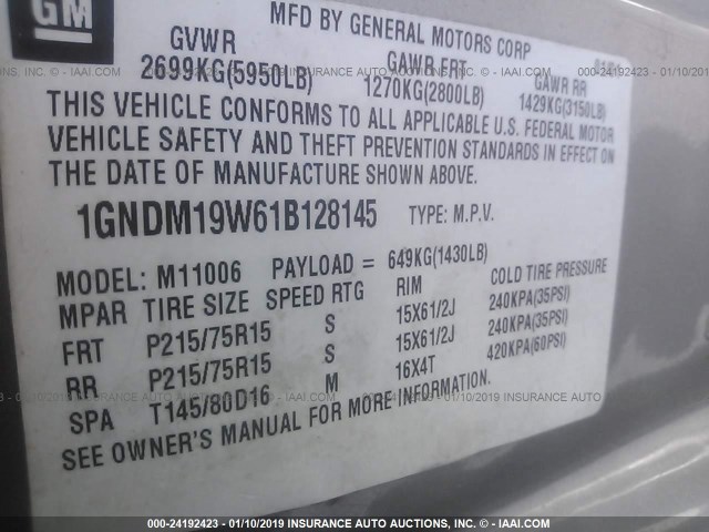 1GNDM19W61B128145 - 2001 CHEVROLET ASTRO GRAY photo 9