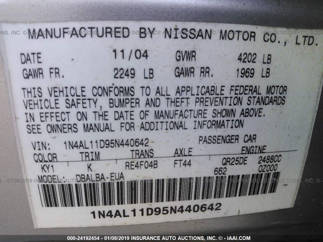 1N4AL11D95N440642 - 2005 NISSAN ALTIMA S/SL SILVER photo 9