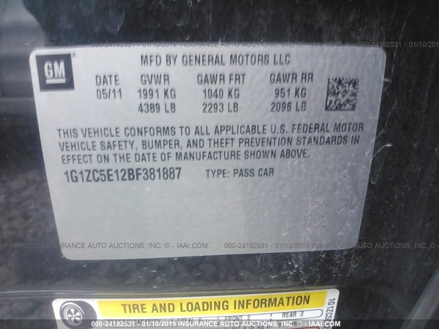 1G1ZC5E12BF381887 - 2011 CHEVROLET MALIBU 1LT BLACK photo 9