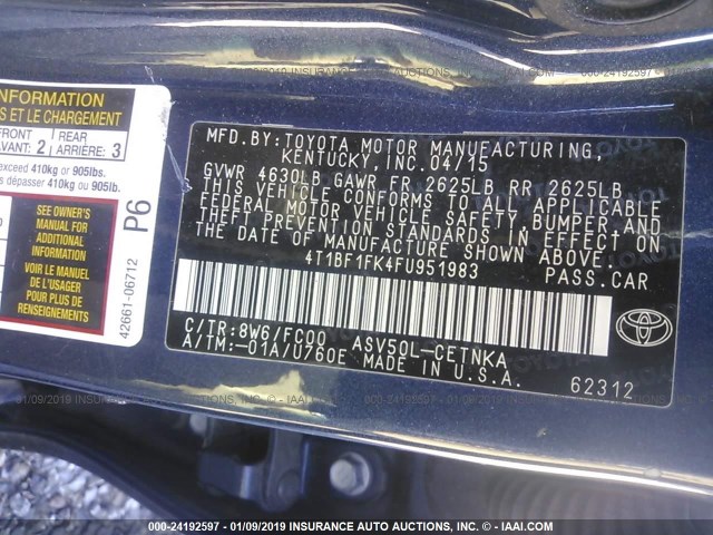 4T1BF1FK4FU951983 - 2015 TOYOTA CAMRY LE/XLE/SE/XSE 蓝色 照片 9