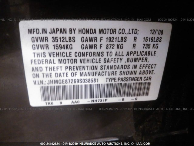 JHMGE87269S038581 - 2009 HONDA FIT BLACK photo 9