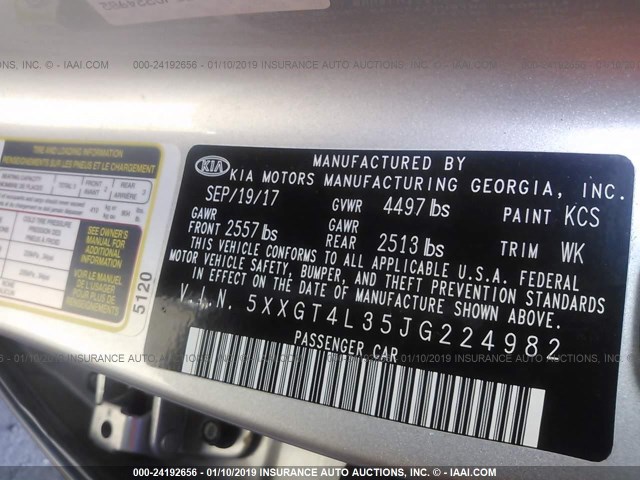 5XXGT4L35JG224982 - 2018 KIA OPTIMA LX/S SILVER photo 9