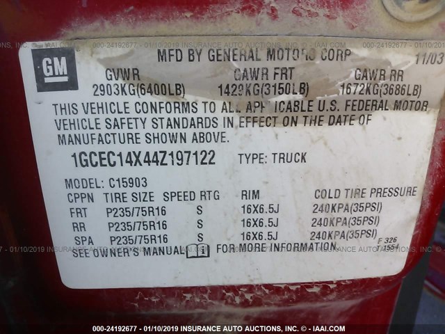 1GCEC14X44Z197122 - 2004 CHEVROLET SILVERADO C1500 RED photo 9