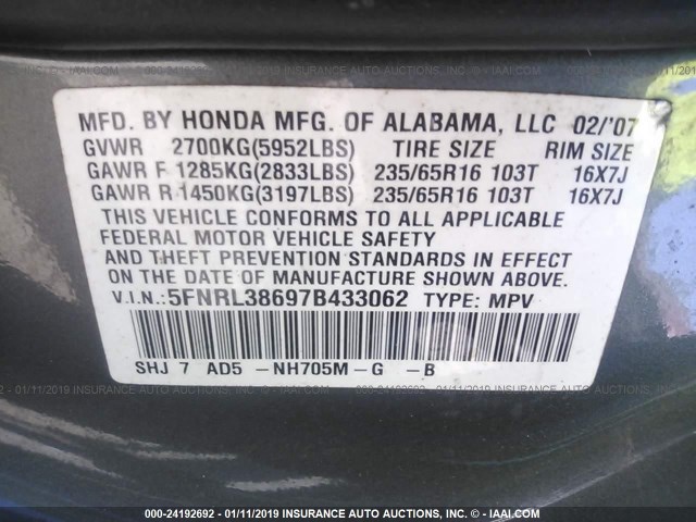 5FNRL38697B433062 - 2007 HONDA ODYSSEY EXL GRAY photo 9