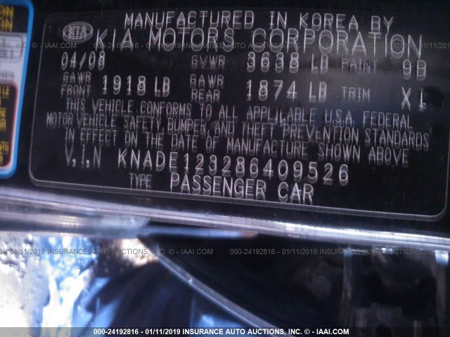 KNADE123286409526 - 2008 KIA RIO LX/SX BLACK photo 9