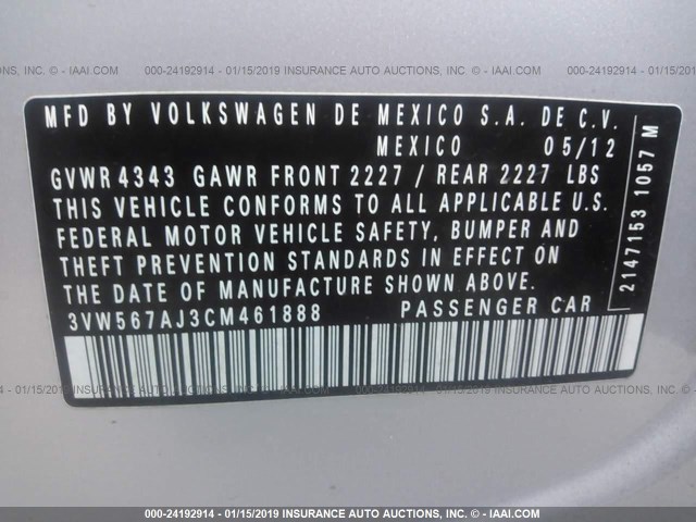 3VW567AJ3CM461888 - 2012 VOLKSWAGEN JETTA GLI SILVER photo 9