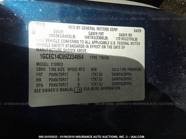 1GCEC14C99Z234864 - 2009 CHEVROLET SILVERADO C1500 BLUE photo 9