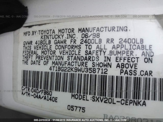 4T1BG22K9WU358712 - 1998 TOYOTA CAMRY CE/LE/XLE 白色 照片 9