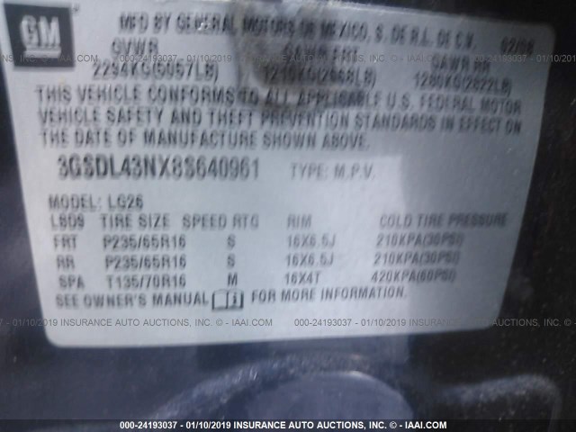 3GSDL43NX8S640961 - 2008 SATURN VUE XE BLUE photo 9