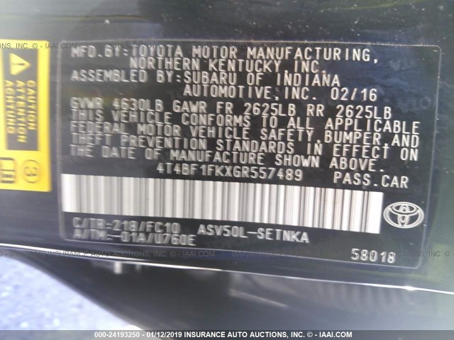 4T4BF1FKXGR557489 - 2016 TOYOTA CAMRY LE/XLE/SE/XSE 黑色 照片 9