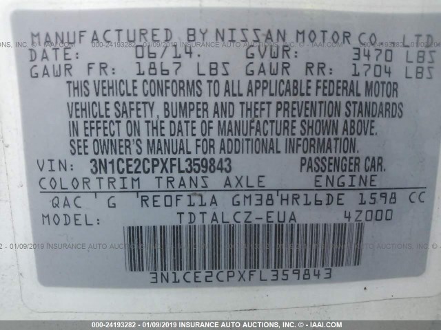 3N1CE2CPXFL359843 - 2015 NISSAN VERSA NOTE S/S PLUS/SV/SL/SR WHITE photo 9