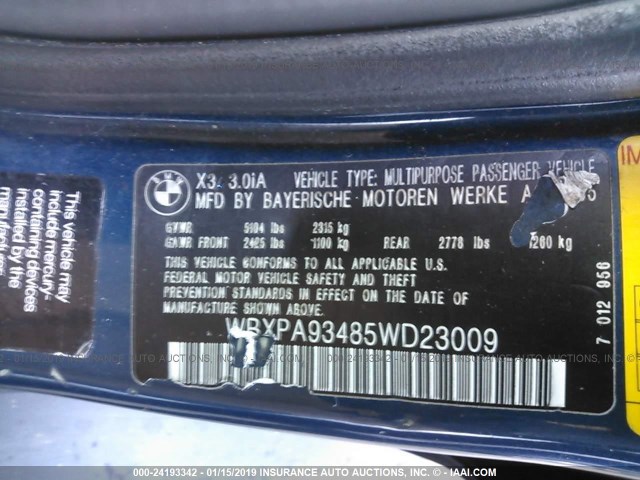 WBXPA93485WD23009 - 2005 BMW X3 3.0I BLUE photo 9