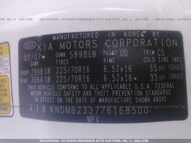 KNDMB233776168500 - 2007 KIA SEDONA EX/LX WHITE photo 9