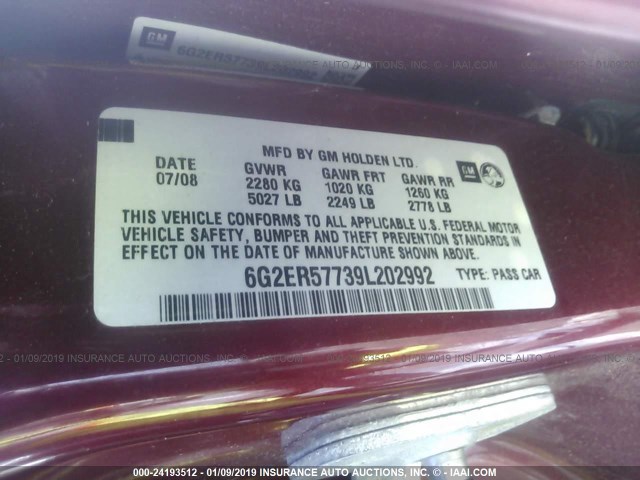 6G2ER57739L202992 - 2009 PONTIAC G8 RED photo 9