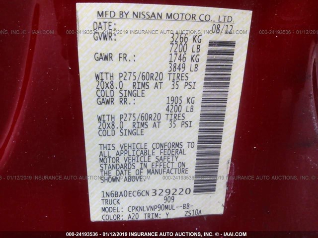 1N6BA0EC6CN329220 - 2012 NISSAN TITAN RED photo 9