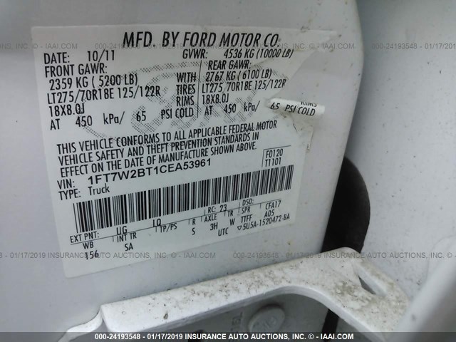 1FT7W2BT1CEA53961 - 2012 FORD F250 SUPER DUTY WHITE photo 9