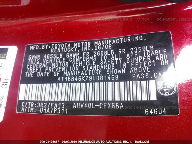 4T1BB46K79U081468 - 2009 TOYOTA CAMRY HYBRID RED photo 9