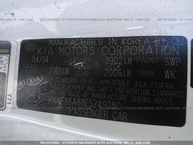 KNAFX6A88E5249280 - 2014 KIA FORTE EX WHITE photo 9