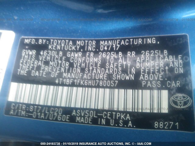 4T1BF1FK6HU780057 - 2017 TOYOTA CAMRY LE/XLE/SE/XSE BLUE photo 9