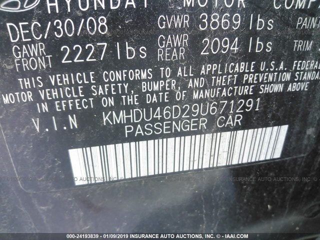 KMHDU46D29U671291 - 2009 HYUNDAI ELANTRA GLS/SE BLACK photo 9