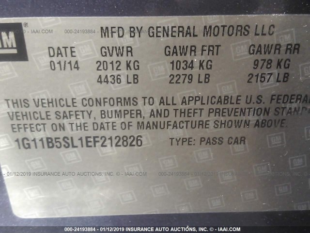 1G11B5SL1EF212826 - 2014 CHEVROLET MALIBU LS ლურჯი ფოტო 9