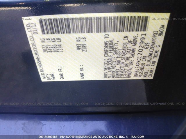 1N4BL2APXCC202991 - 2012 NISSAN ALTIMA SR BLUE photo 9