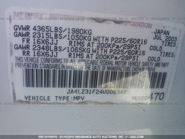 JA4LZ31F24U006348 - 2004 MITSUBISHI OUTLANDER LS WHITE photo 9