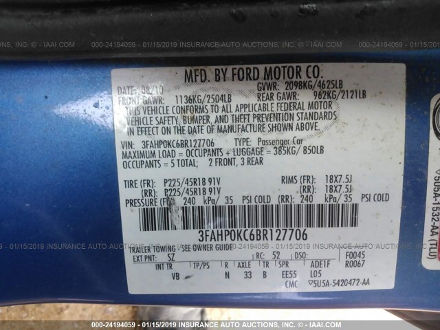 3FAHP0KC6BR127706 - 2011 FORD FUSION SPORT BLUE photo 9