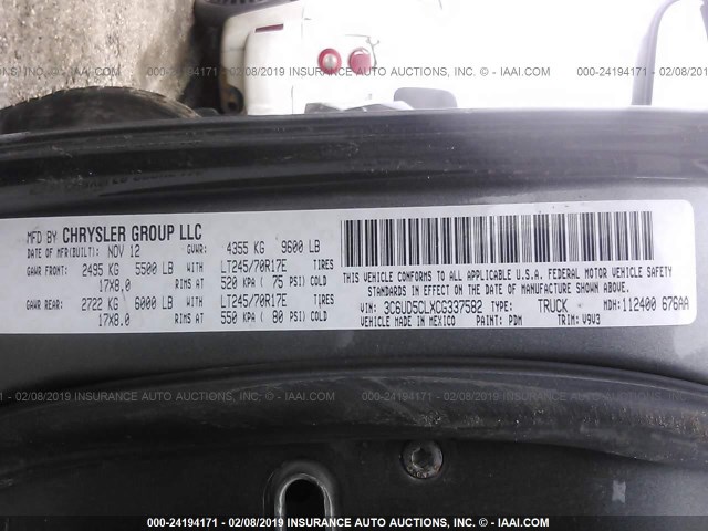 3C6UD5CLXCG337582 - 2012 DODGE RAM 2500 ST GRAY photo 9