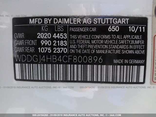 WDDGJ4HB4CF800896 - 2012 MERCEDES-BENZ C 250 WHITE photo 9