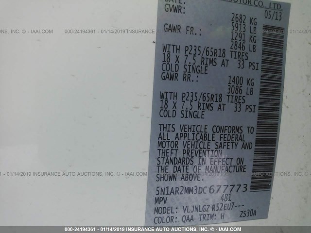 5N1AR2MM3DC677773 - 2013 NISSAN PATHFINDER S/SV/SL/PLATINUM WHITE photo 9