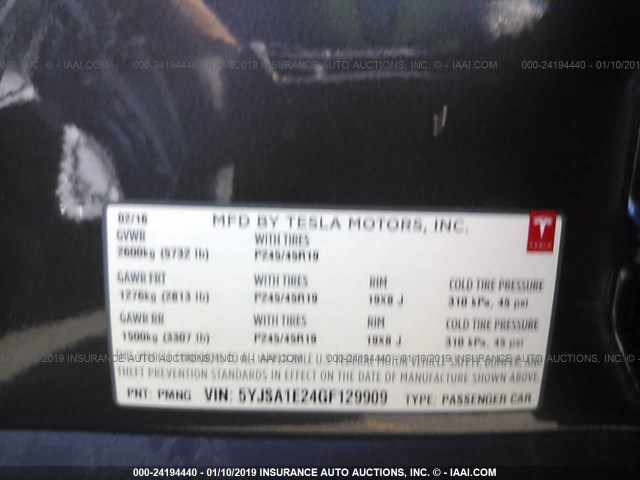 5YJSA1E24GF129909 - 2016 TESLA MODEL S BLACK photo 9