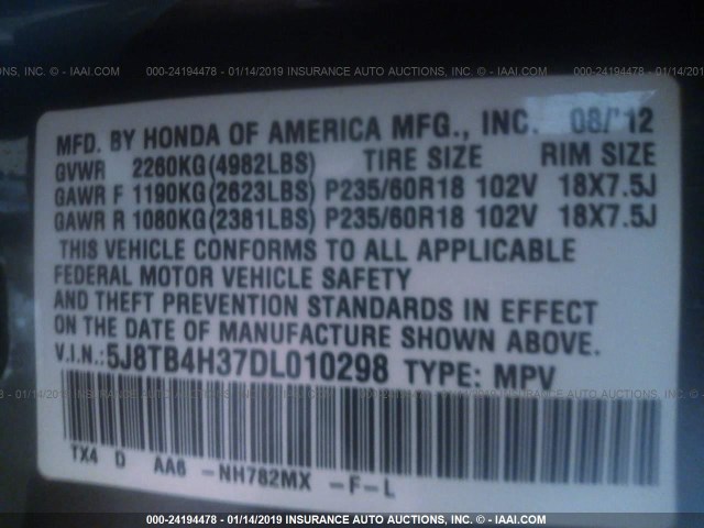 5J8TB4H37DL010298 - 2013 ACURA RDX GRAY photo 9