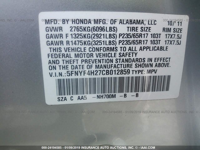 5FNYF4H27CB012859 - 2012 HONDA PILOT LX SILVER photo 9