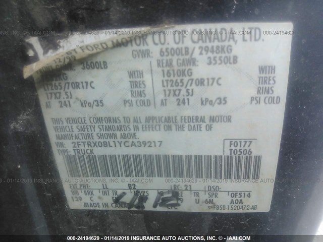 2FTRX08L1YCA39217 - 2000 FORD F150 BLACK photo 9