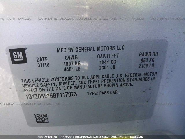 1G1ZB5E15BF117873 - 2011 CHEVROLET MALIBU LS 银色 照片 9