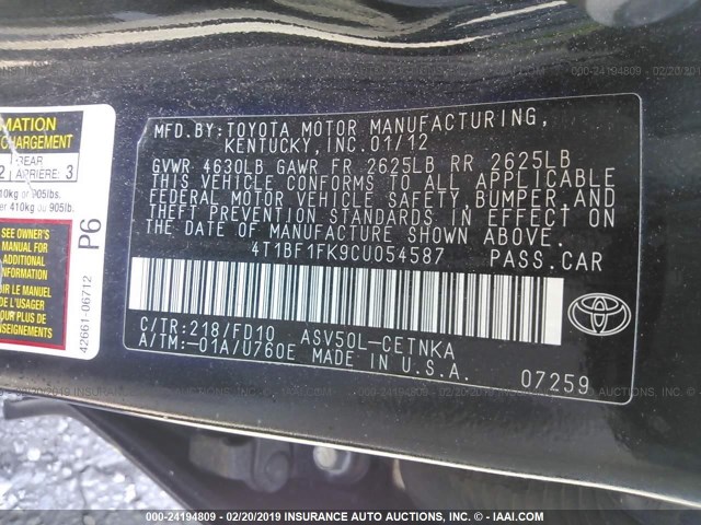 4T1BF1FK9CU054587 - 2012 TOYOTA CAMRY SE/LE/XLE 黑色 照片 9