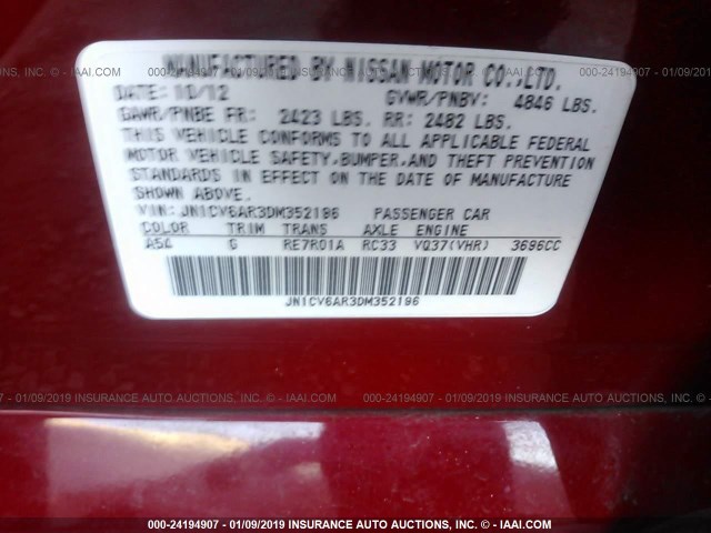 JN1CV6AR3DM352196 - 2013 INFINITI G37 RED photo 9