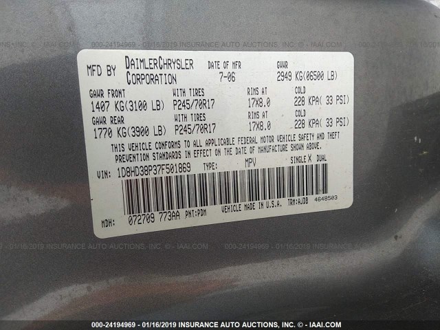 1D8HD38P37F501869 - 2007 DODGE DURANGO SXT GRAY photo 9