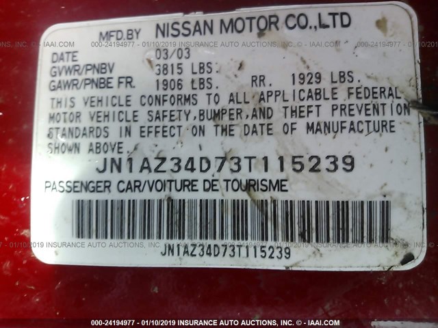 JN1AZ34D73T115239 - 2003 NISSAN 350Z COUPE RED photo 9