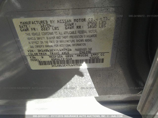 3N1AB61E47L647416 - 2007 NISSAN SENTRA 2.0/2.0S/2.0SL GRAY photo 9