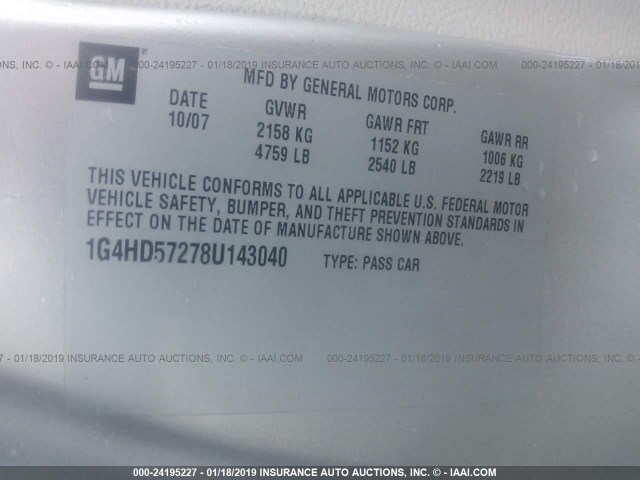 1G4HD57278U143040 - 2008 BUICK LUCERNE CXL SILVER photo 9